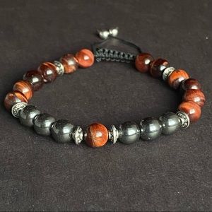 Men Red Tiger’s Eye Hematite Bracelet Adjustable Cord Beaded Christmas Gift